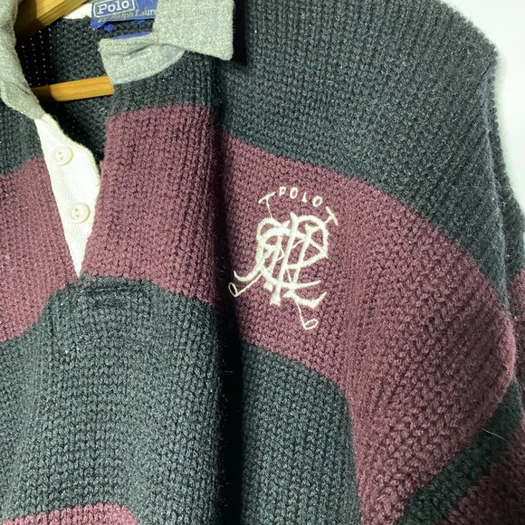 Polo Ralph Lauren Black Maroon Striped Wool Knit Pullover Sweater Vintage VTG - Picture 3 of 8
